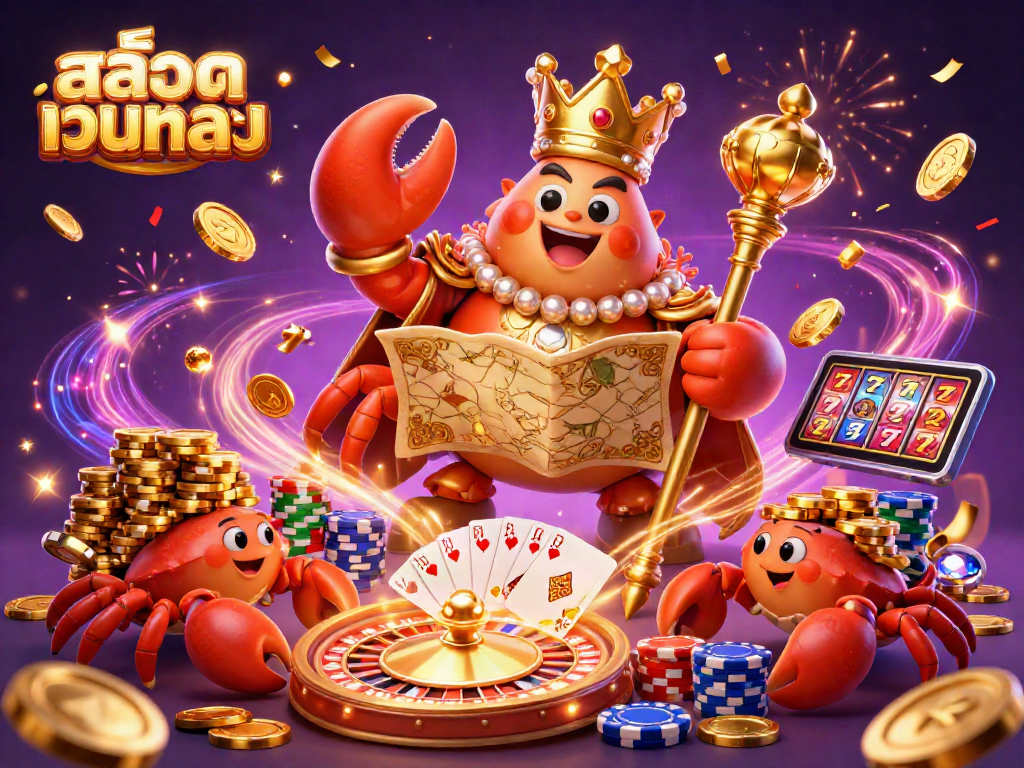 Spin to win big with สล็อตเว็บตรง as the golden crab emperor presides over a casino celebration.