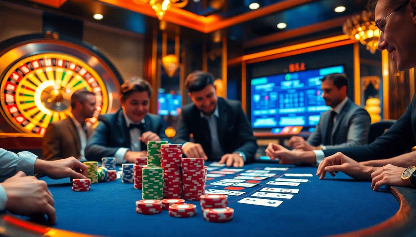 B52club players enjoying an exciting poker game at a lavish casino table with colorful accessories.