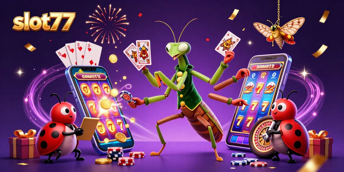 Play thrilling slot77 games with a cartoon mantis dealer and dynamic casino elements.