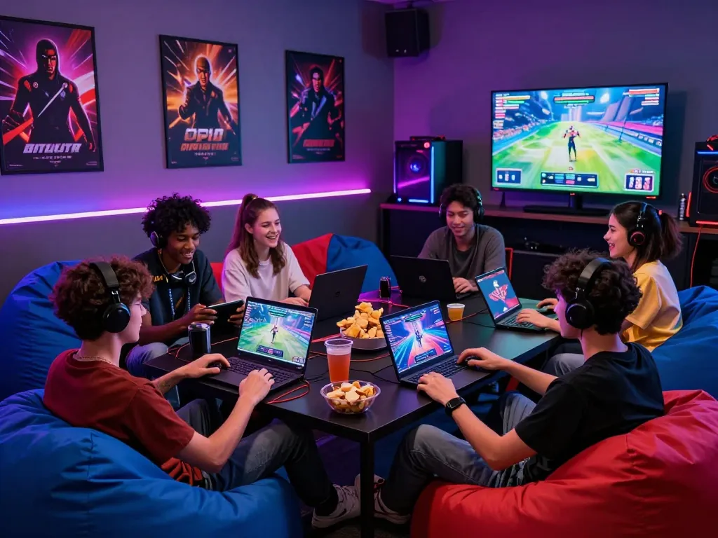 Friends playing porngames together in a vibrant gaming lounge atmosphere.
