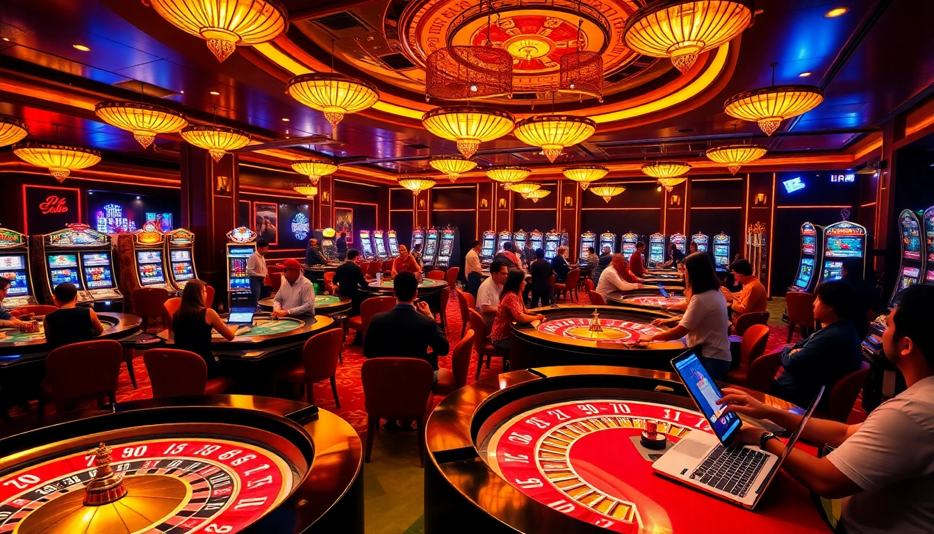 Engaging gamblers at a luxury casino with vibrant atmosphere at https://gg88.cool/, highlighting poker and slot games.