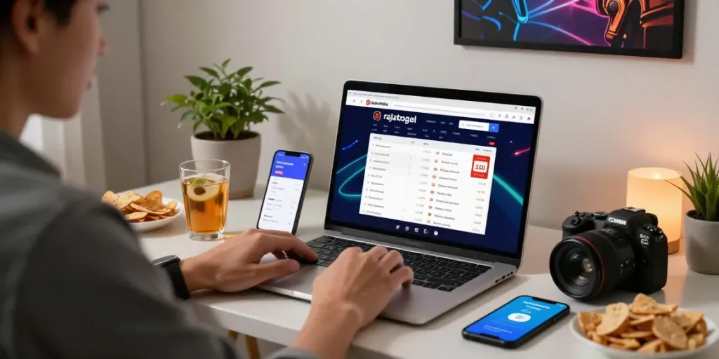 Gambaran judi online dengan Rajatogel di meja modern yang nyaman.