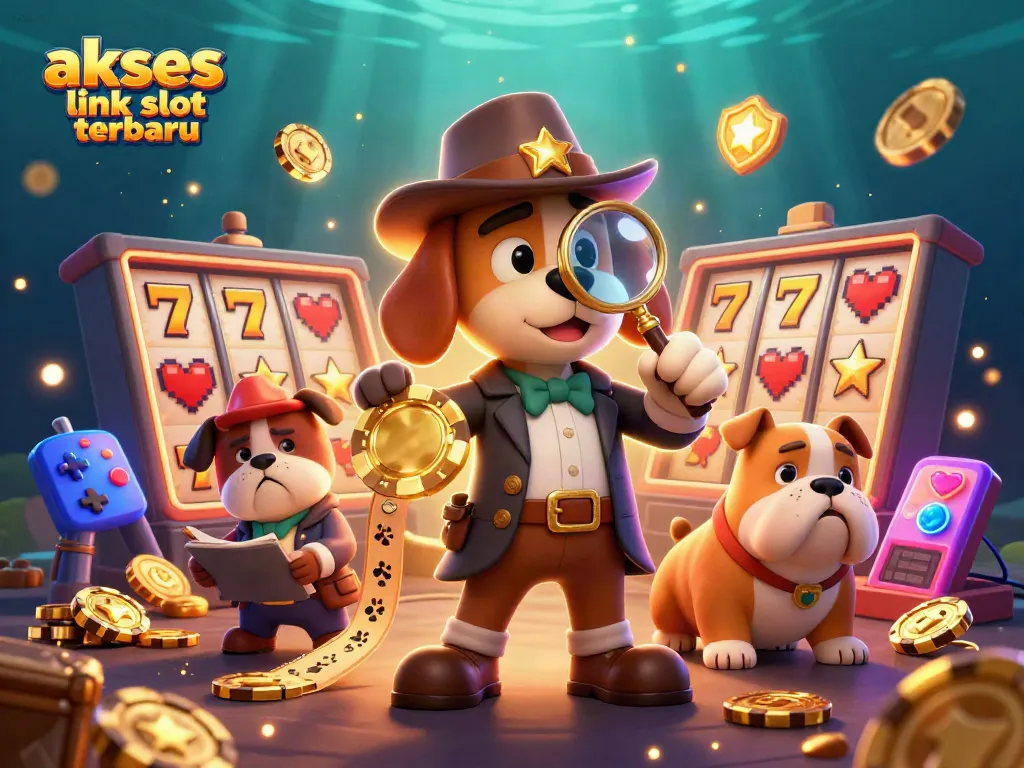 Akses link slot terbaru dengan pemandangan 3D yang menampilkan anjing detektif memeriksa petunjuk chip poker emas dikelilingi mesin slot.