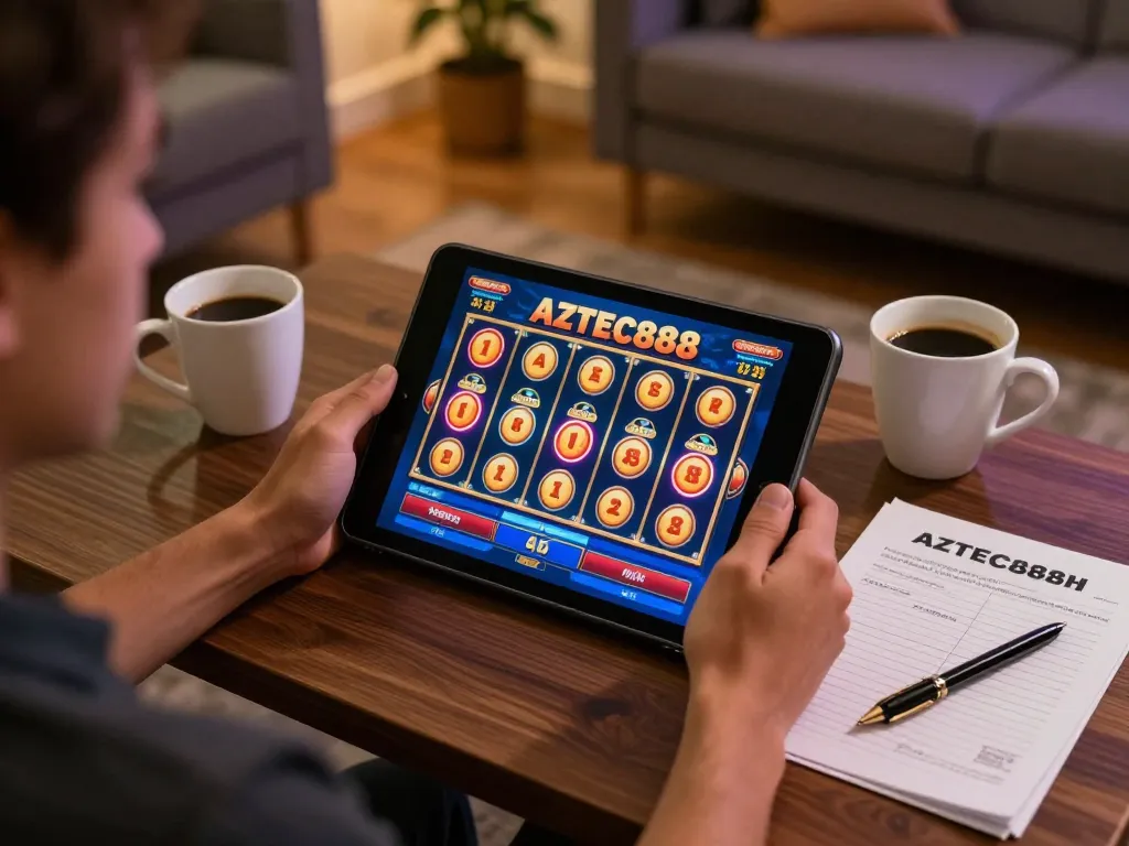 Player enjoying AZTEC888 online slots on a tablet in a cozy gaming setup.