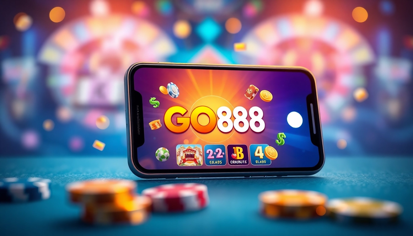 Tải GO88 app displayed on a smartphone surrounded by colorful gaming elements.