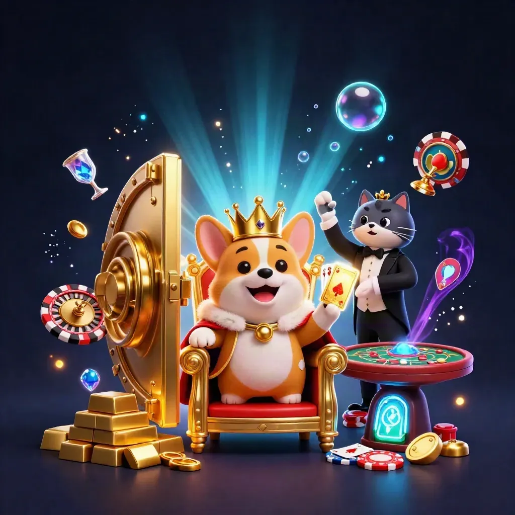 Royal corgi and cat butler on a chip throne, vault bursting with gold and casino lights
