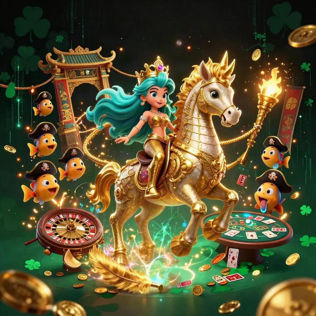 Mermaid princess on a golden seahorse amid casino magic, coins, temple gate, and neon energy.
