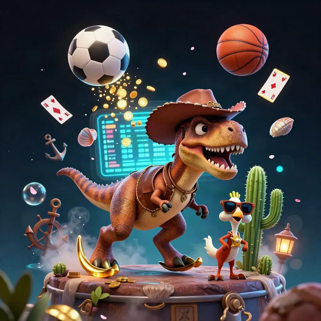 Cowboy T-Rex, cactus sidekick and roadrunner amid casino gold, cards, balls and treasure.