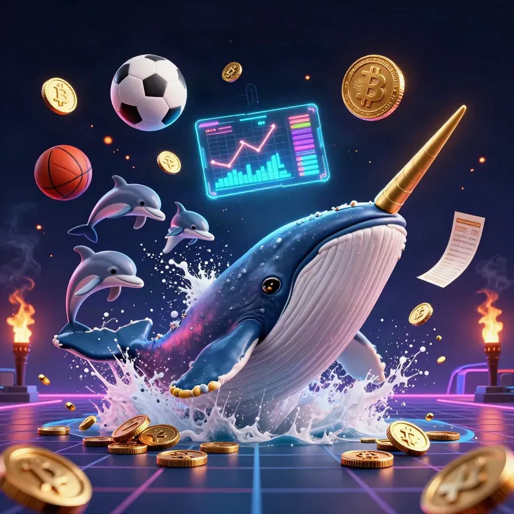 Whale, narwhal, and dolphins burst through neon crypto coins in a cinematic casino sky.