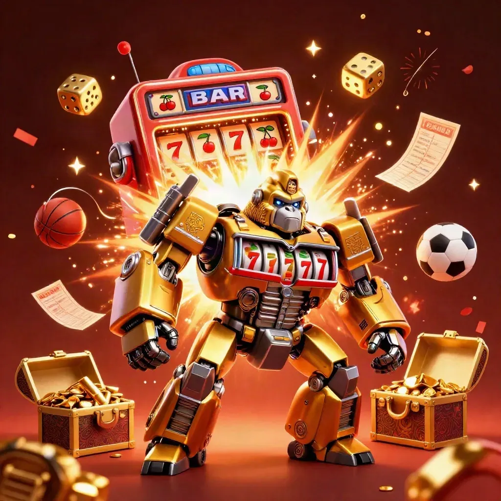 Golden gorilla mech bursts with slot symbols, gold, and sports props in fiery casino neon.