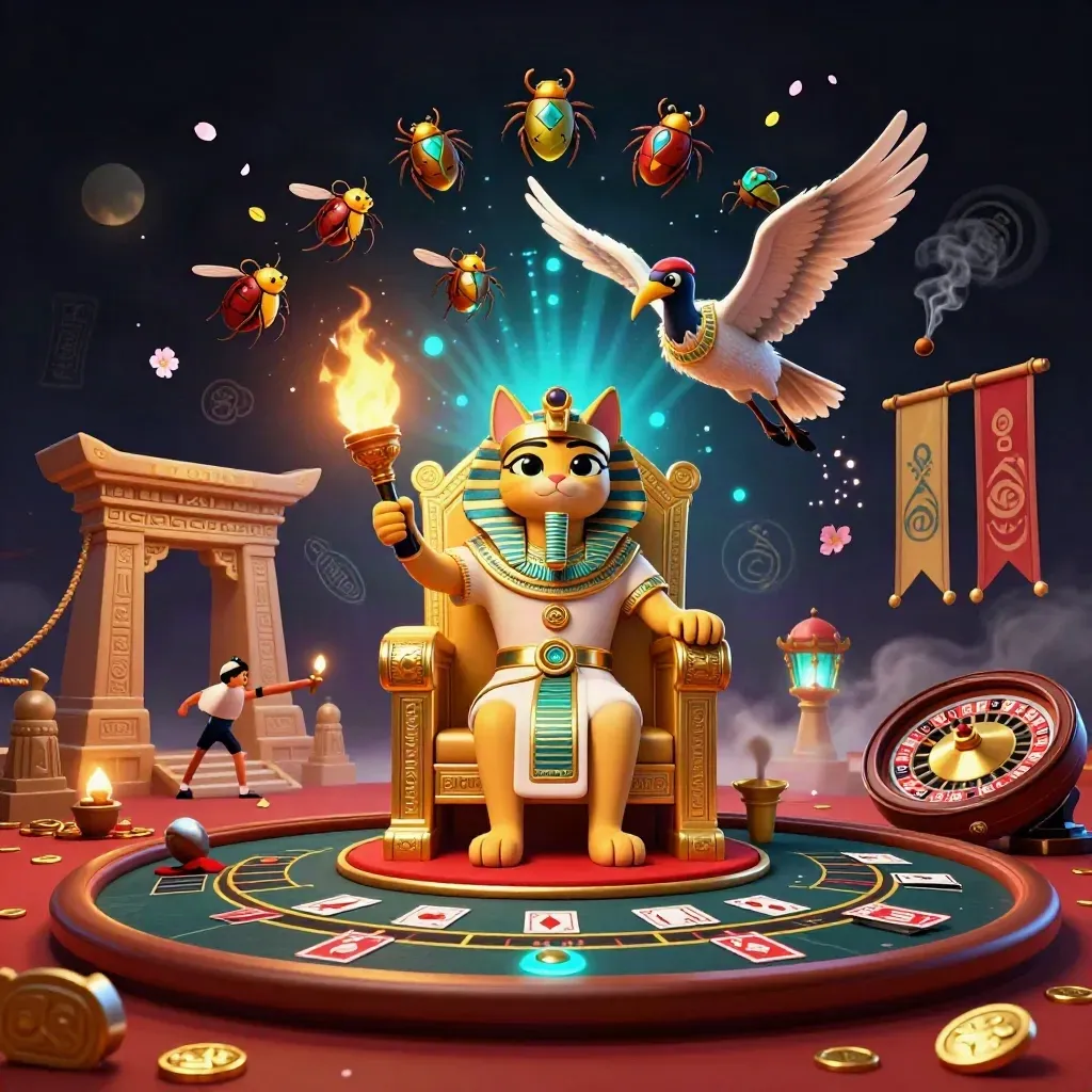 Pharaoh cat, ibis scribe, and gem-winged scarabs in a luxe casino fantasy scene.