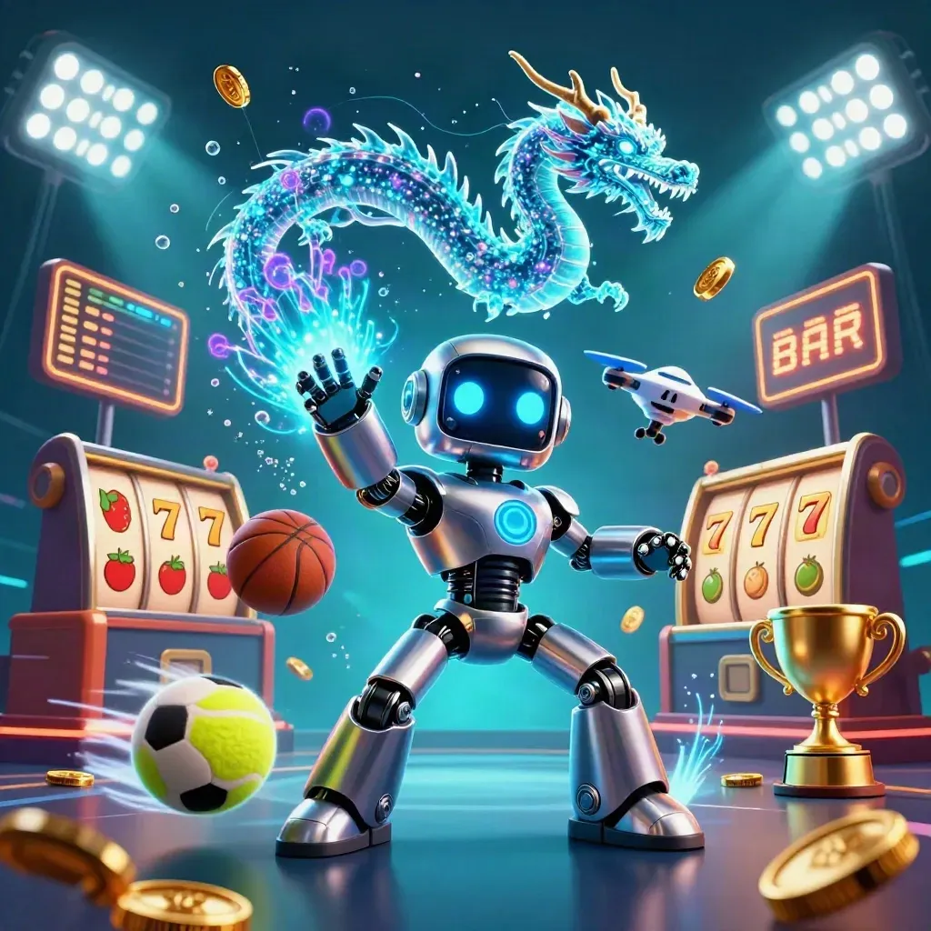 Cyberpunk robot, holographic dragon, and coin drone amid casino-game bursts underwater.