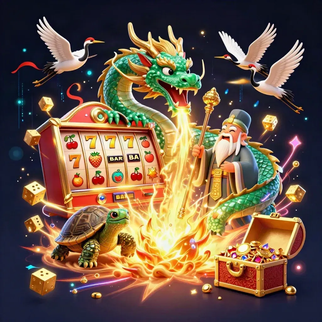 Emerald dragon, turtle sage, and cranes amid jackpot bursts, gold, and neon casino energy.