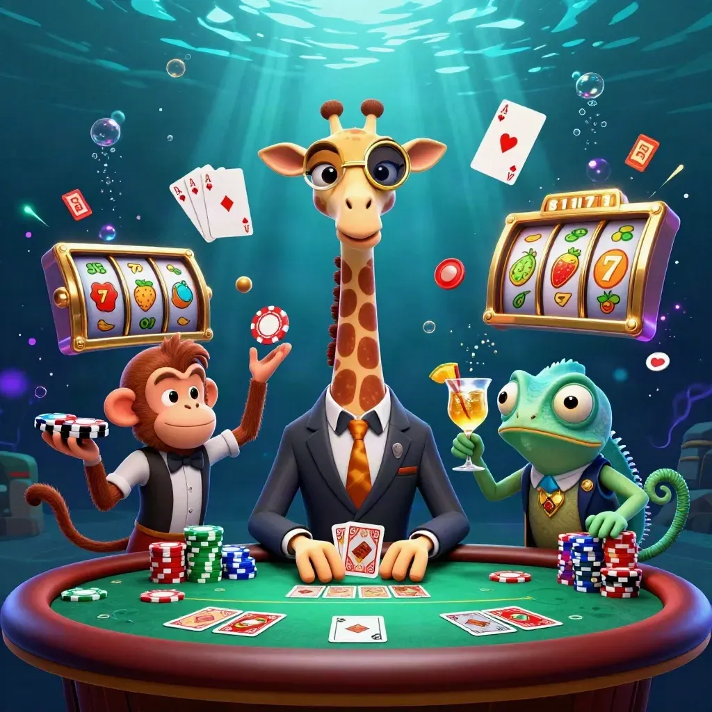 Underwater casino heroes around a poker table with chips, cards, and neon glow.