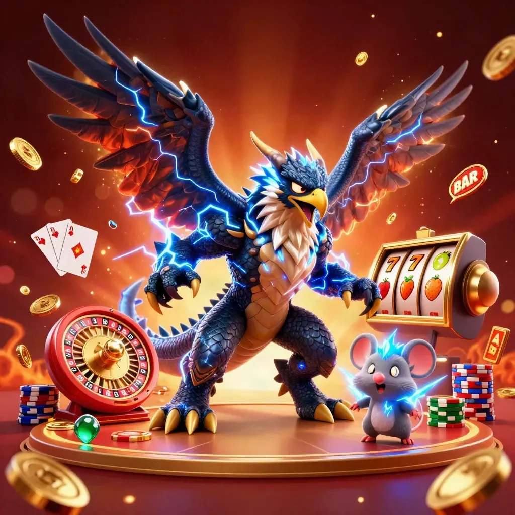 Thunder dragon, wind hawk, and crackling mouse amid casino coins, cards, chips, and treasure.