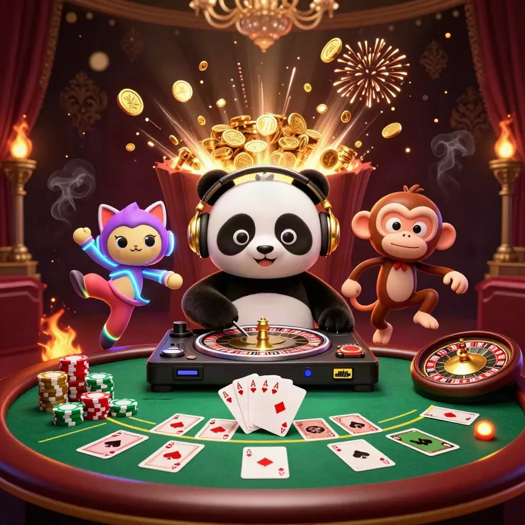 Panda DJ, dancing monkey, and glow-stick kitten amid chips, cards, and a bursting vault.