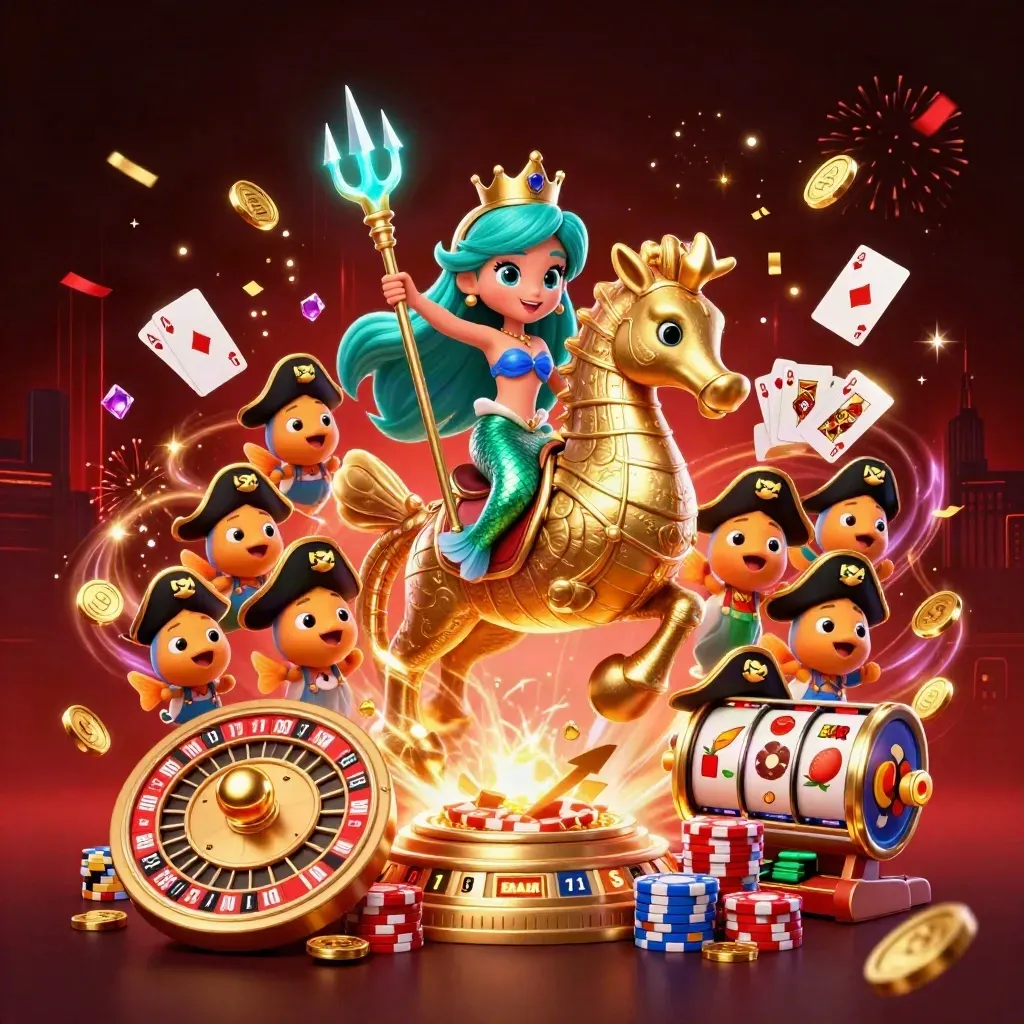Mermaid princess on an armored seahorse amid pirate fish, coins, cards, chips, and casino neon.