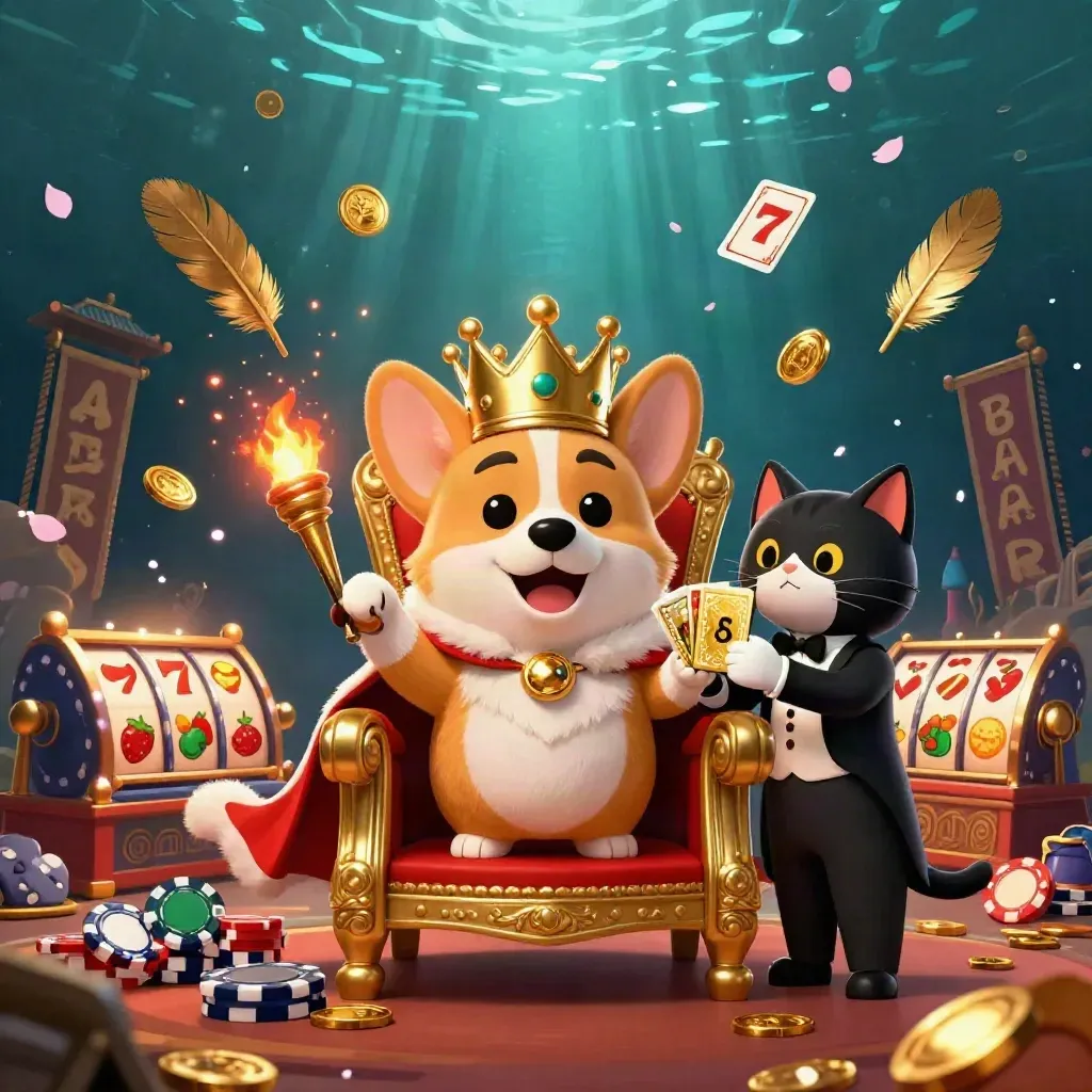 Crowned corgi and cat butler amid casino relics, coins, reels, and glowing temple magic.