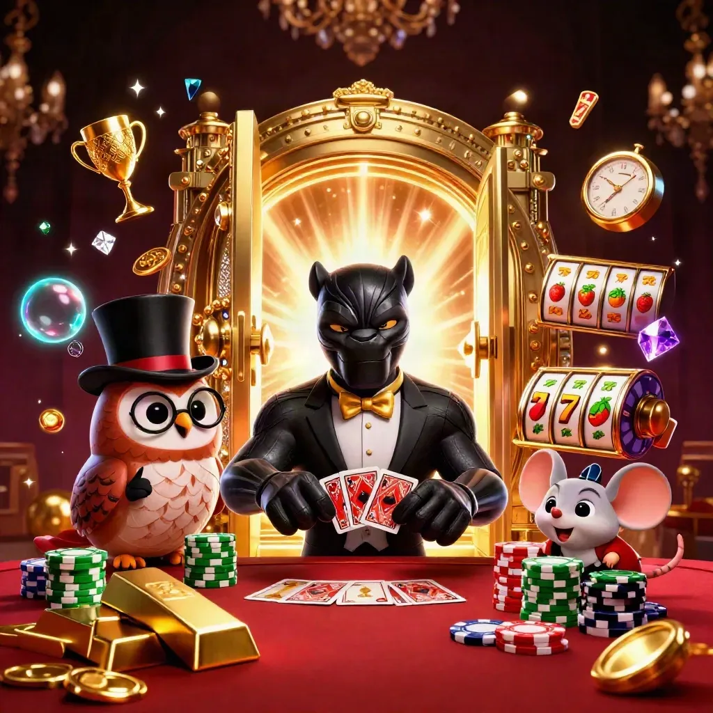 Panther, owl, and mouse playing cards amid a glowing gold vault and casino chips.