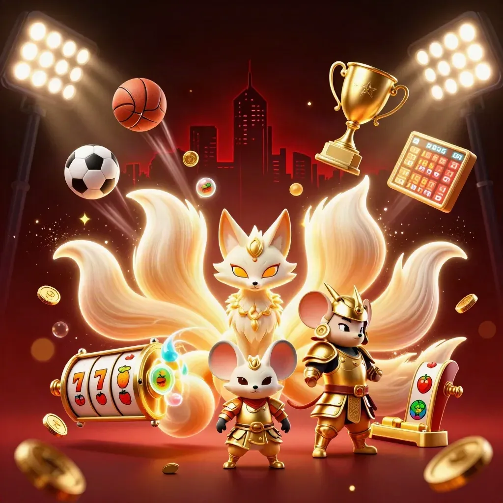 Nine-tailed fox spirit and gold-armoured mouse amid casino sports icons and neon lights.