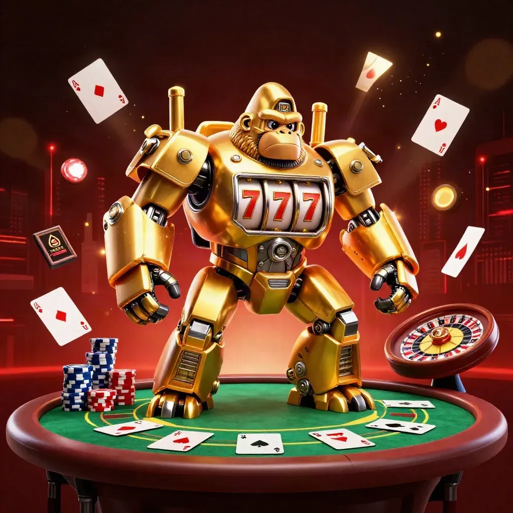 Golden gorilla mech with monkey pilot, chips, cards, roulette wheel, neon casino glow