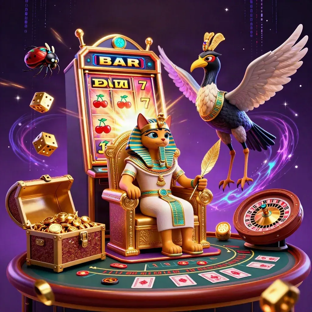 Pharaoh cat, ibis scribe and scarabs amid casino riches, neon sparks, slot burst, and gold.