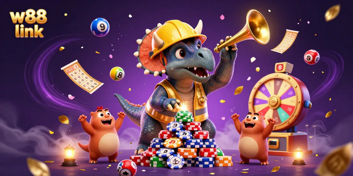 Win big using the w88 link with festive casino characters celebrating around gaming elements.