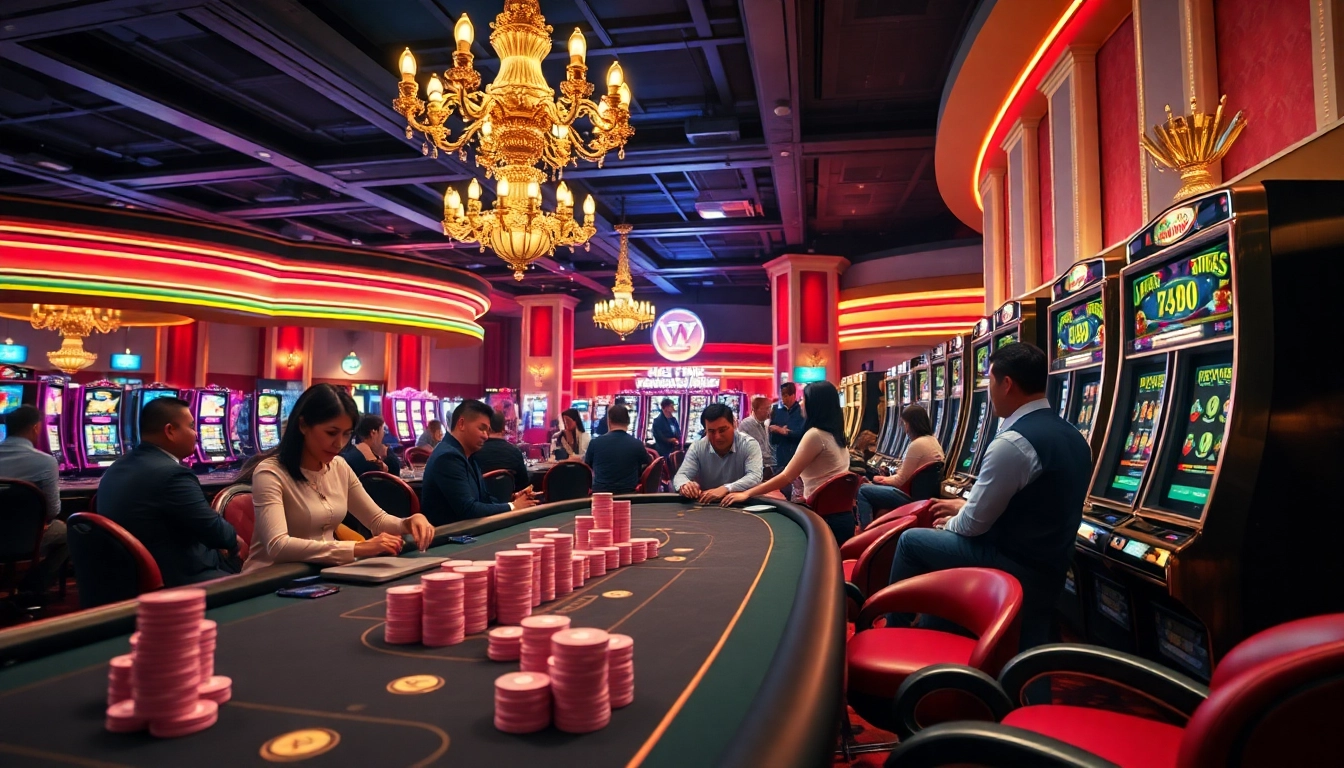 Players enjoying vibrant gaming action at NOHU90 casino, filled with excitement and poker chips.