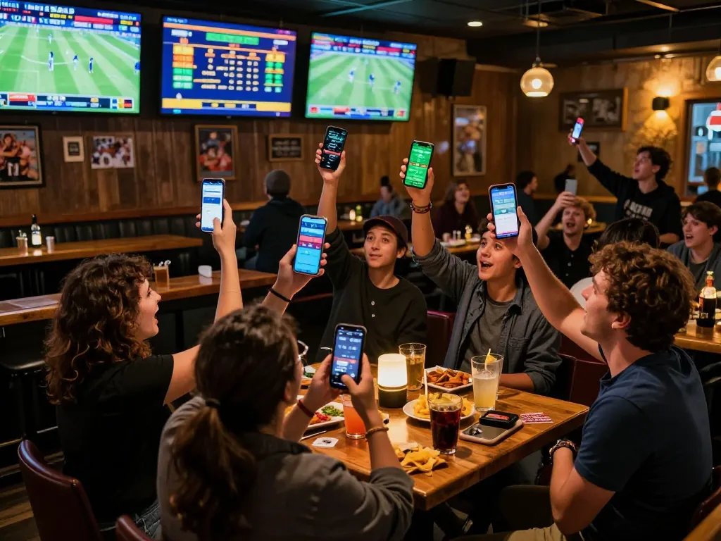 Sports betting scene showing excitement as bettors utilize apps while enjoying live action, searching for soi keo nha cai strategies.