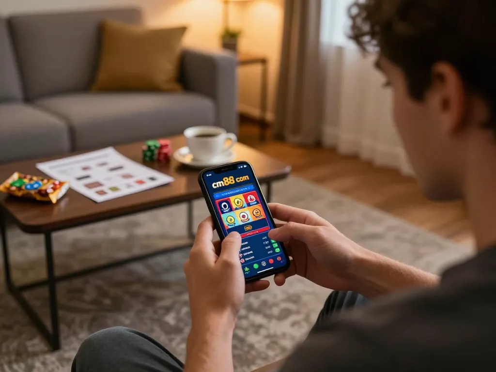Enjoying mobile gaming on cm88 com app with strategy notes and cozy home atmosphere.