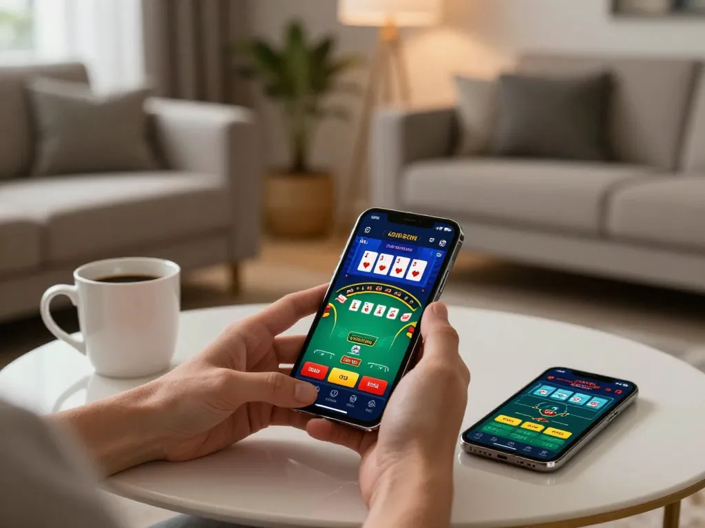 Engage in online casino excitement with ทางเข้า m110 displayed on mobile app, modern living room setup.