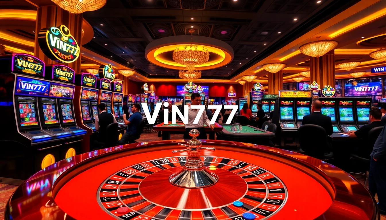 Vin777 players actively engaging at a luxury casino table with vibrant slot machines.