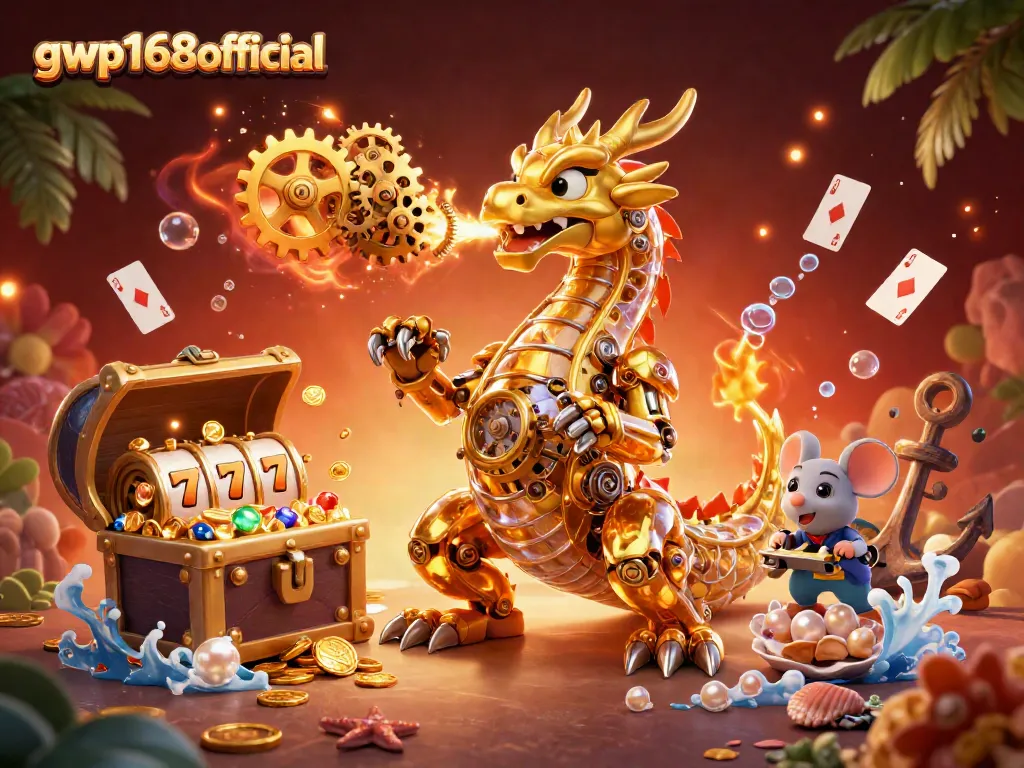 GWP168official menampilkan ilustrasi kasino dengan naga emas dan elemen slot, memikat pemain.
