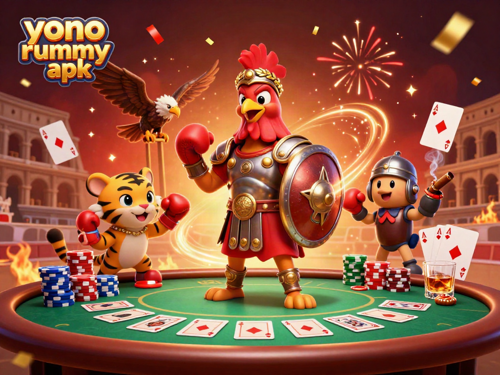 Gambarlah Yono Rummy APK dengan ayam jantan gladiator dan elemen kasino