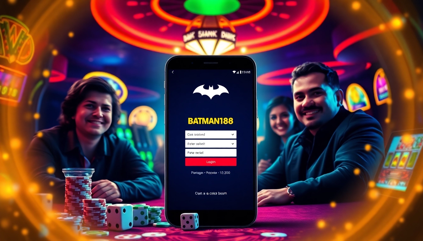 Experience the excitement of gambling with Batman138 login interface surrounded by casino elements.