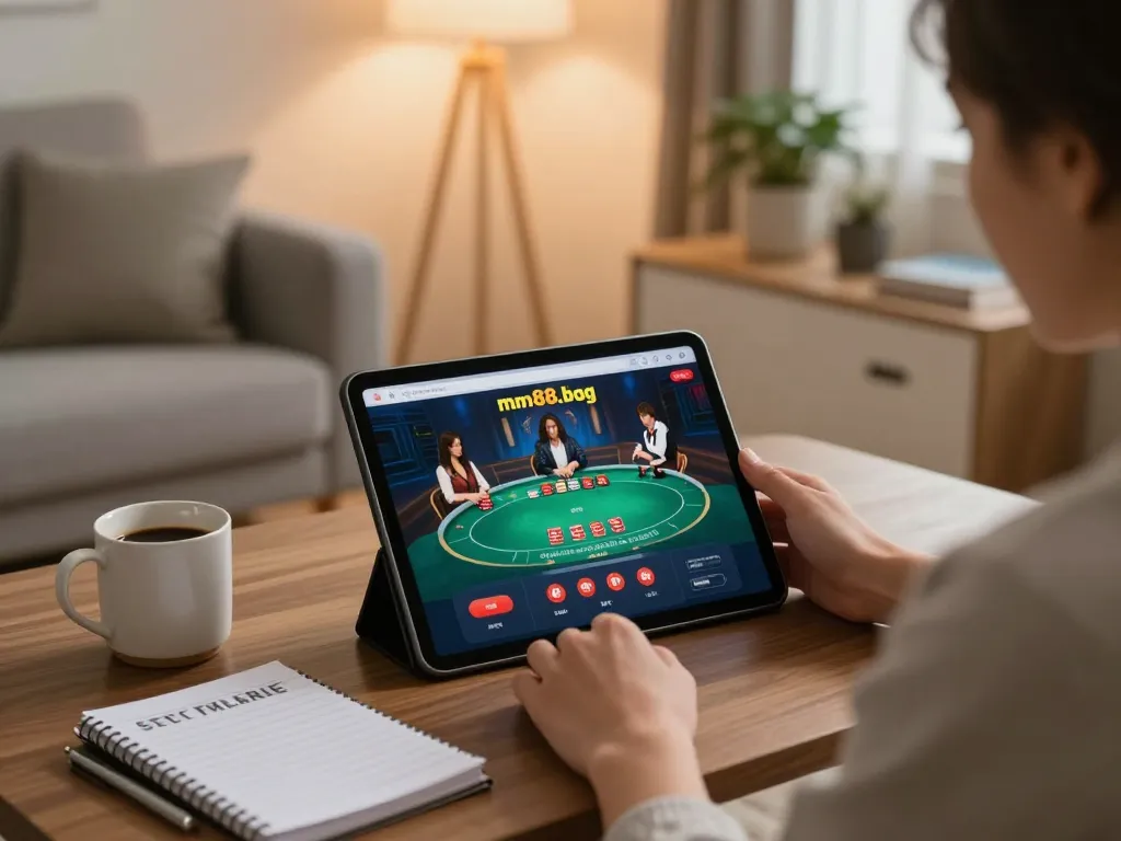 Person enjoying strategic gameplay on mm88.blog casino app during cozy home evening.