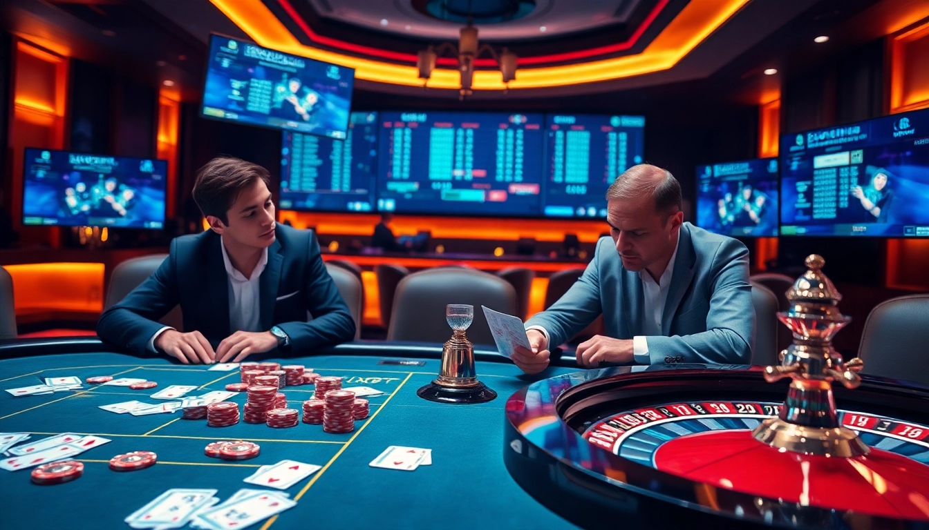 Engage in Evolution โป๊กเกอร์ at a luxurious casino table surrounded by focused players and vibrant chip stacks.