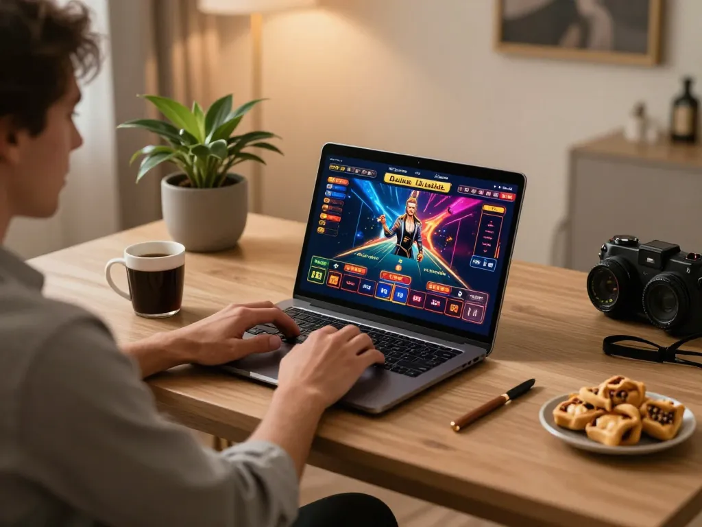 Engaging in online gameplay at Nhà cái KONG88 with vibrant game visuals on screen, cozy workspace atmosphere.