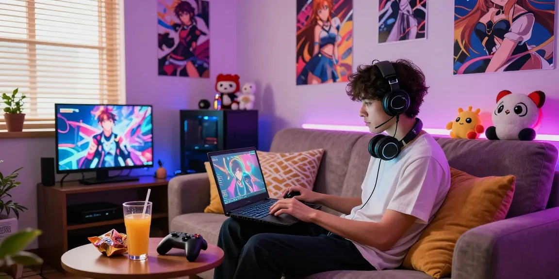 Engaged player enjoying hentai games in a vibrant gaming room with snacks and anime decor.