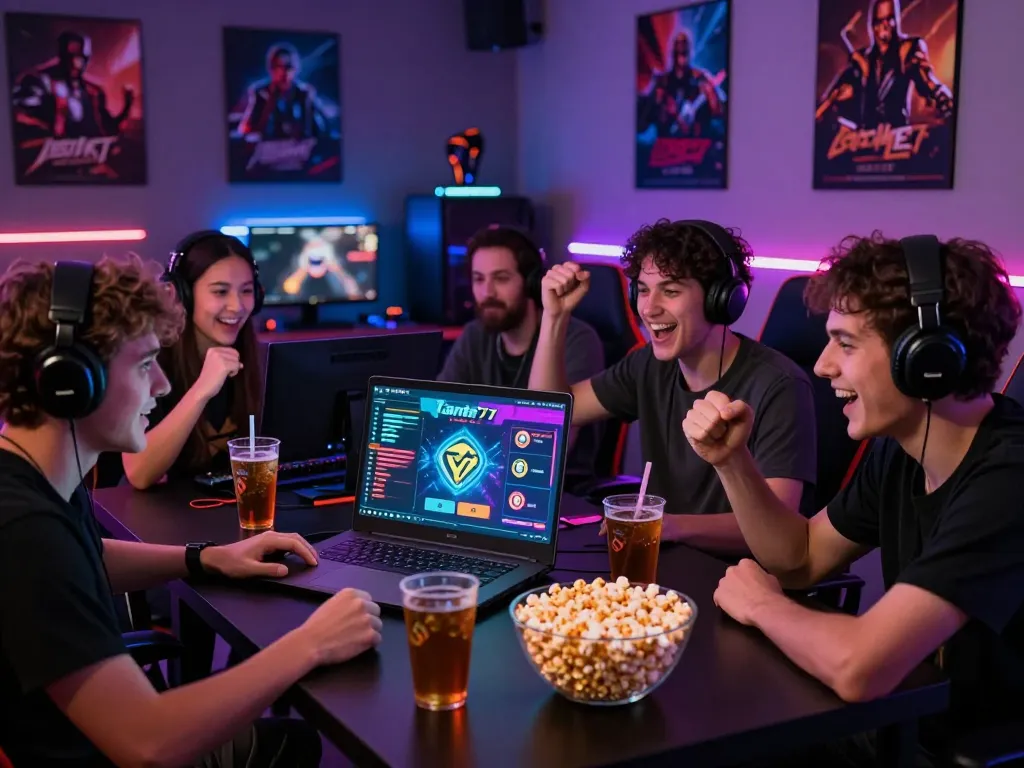 Excited group enjoying online gaming on tante77 platform with snacks and drinks.