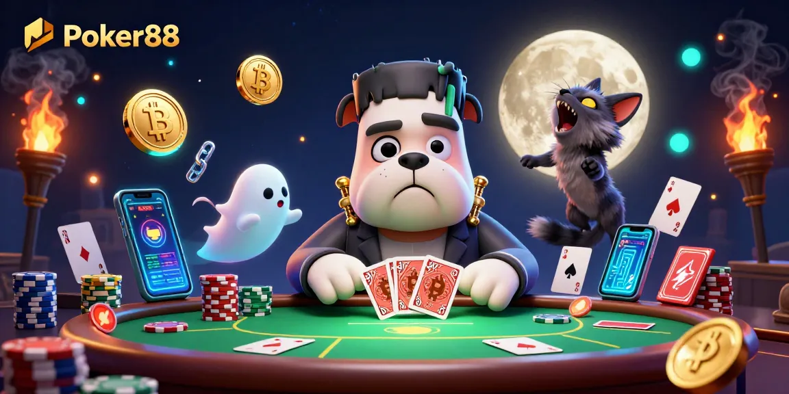 Experience Poker88 excitement with a whimsical scene of a Frankenstein bulldog and friends dealing cards.