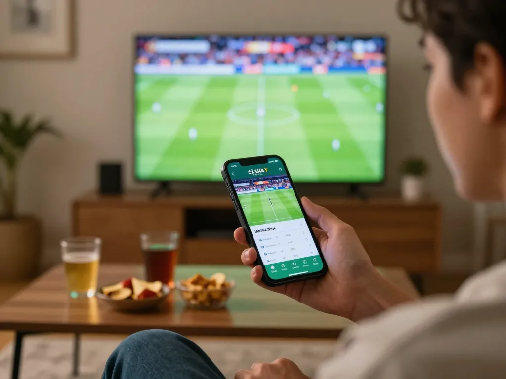 Cà Khịa TV user engaging with sports betting app in a cozy living room during a live football match.