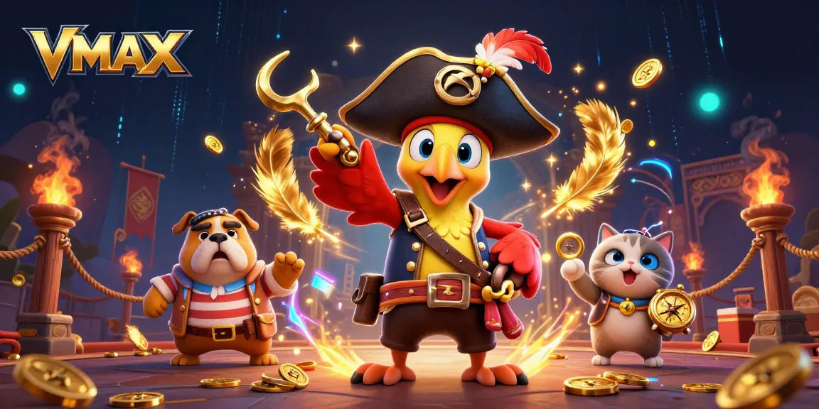 Spin the reels at VMAX casino with treasure-laden characters, vibrant gold coins, and immersive gaming elements.