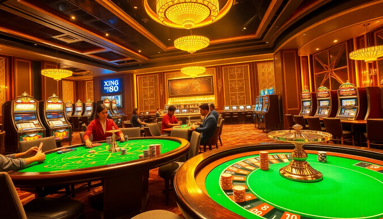 Experience the excitement of Xin88 at a luxurious casino with dynamic gaming tables and vibrant decor.