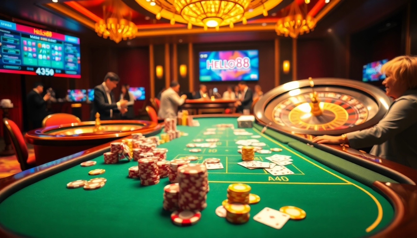 Join the excitement of Hello88 casino with vibrant poker tables and professional dealers.
