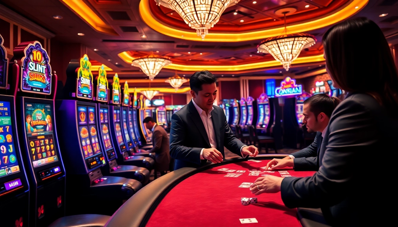 Players enjoying the thrilling experience of slot machines at QQMacan casino, showcasing excitement and luxury.