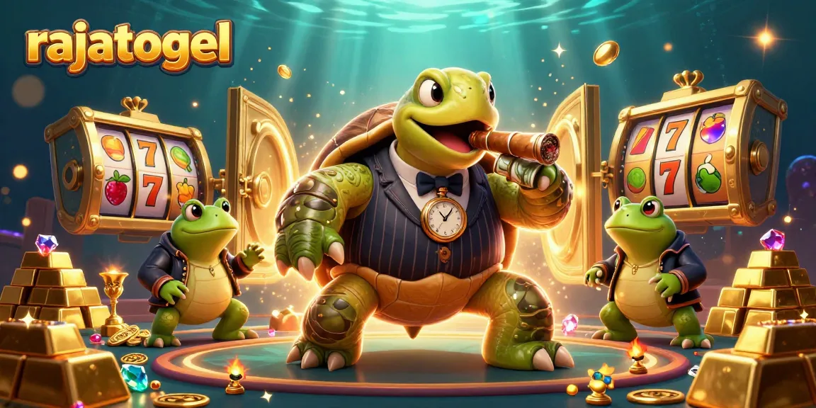 Experience rajatogel excitement with a colorful scene of a turtle mobster and slot reels loaded with treasures.