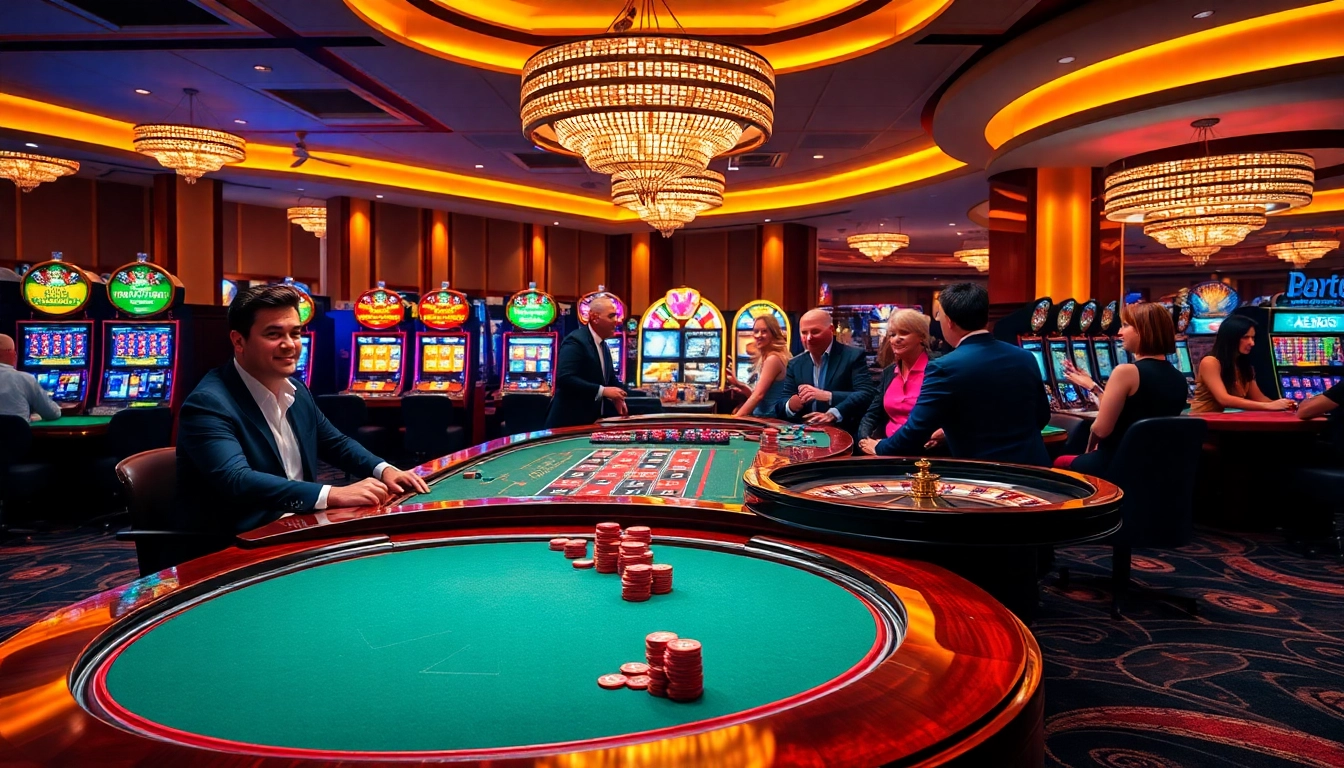 Experience the excitement of gambling at AE888 with a vibrant casino scene featuring poker action and slot machines.