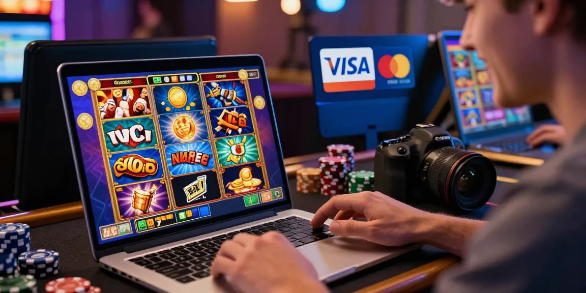 Engaging player exploring credit card casinos with Visa and Mastercard options on a laptop, showcasing colorful slot games and an exciting atmosphere.
