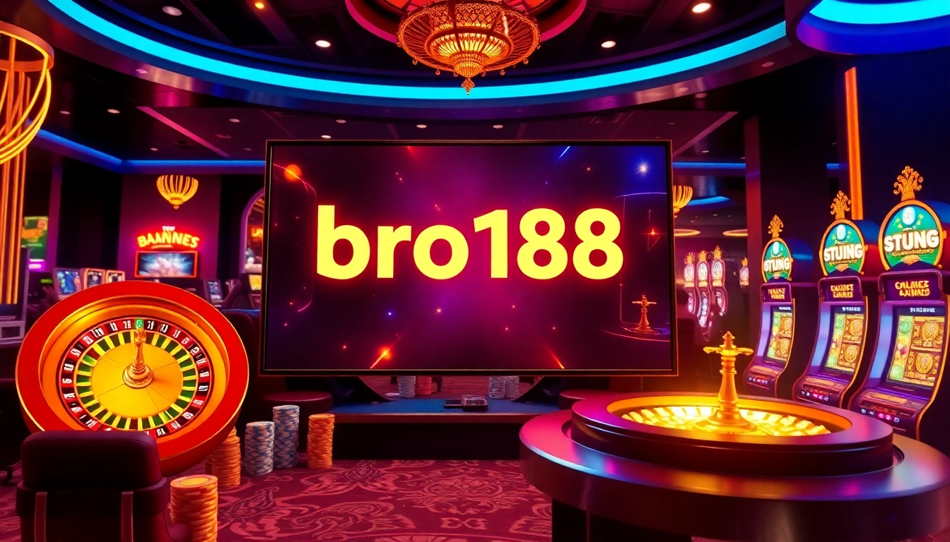 Experience the excitement of bro138 with vibrant casino elements like roulette wheels and slot machines.
